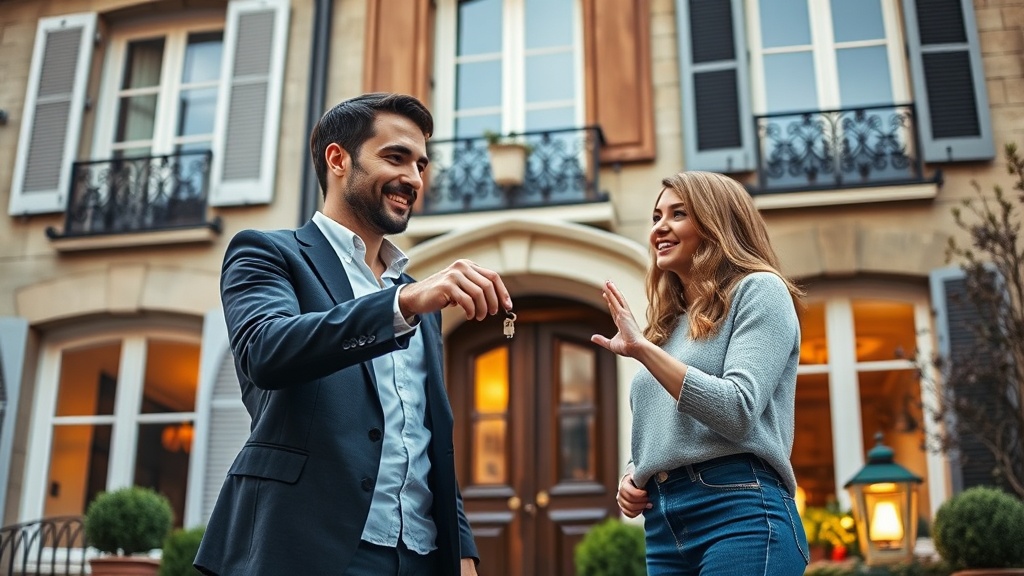 Agent immobilier remettant les clés à un couple devant une maison bordelaise