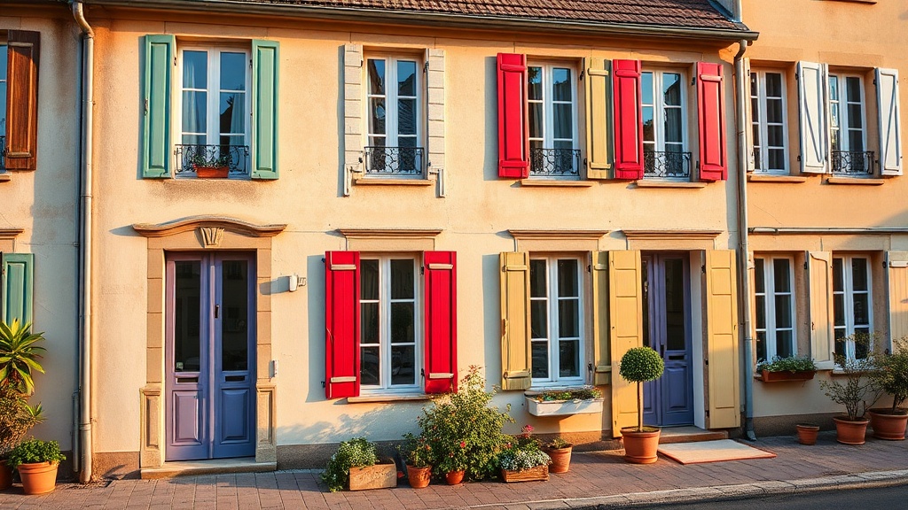 Façade d'une maison bordelaise avec volets colorés et jardinet